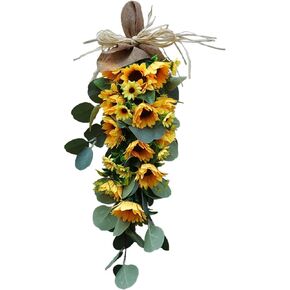 PRTECY Spring Sunflower Swag, Sunflower Teardrop Swag with Eucalyptus Leaves Front Door Sunflower Swags Wreath for Wedding Arch Front Door Wall Decor