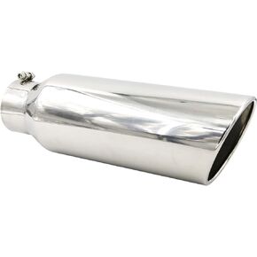 RP Remarkable Power, 4" Inlet 8" Outlet 18" Long Exhaust Tip, Bolt on Design Truck Tail Tip, Polished, Rolled Angle Cut Design