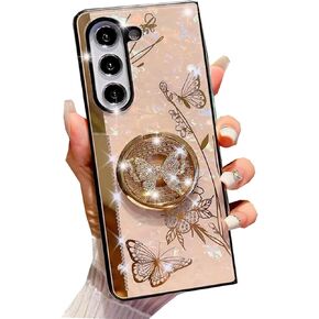 for Samsung Galaxy A35 5G Case Bling Diamond Butterfly Flower Design with Ring Stand,Galaxy A35 Case Plating Glitter Sparkle Pearl Back Cute Girly Phone Case for Samsung A35 for Women Girls Gold