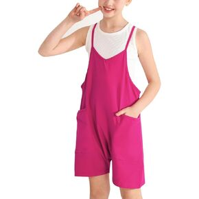 Weixinbuy Girls' Jumpsuits & Rompers Summer Clothes Sleeveless Spaghetti Strap Loose Kids Shorts Overalls with Big Pockets