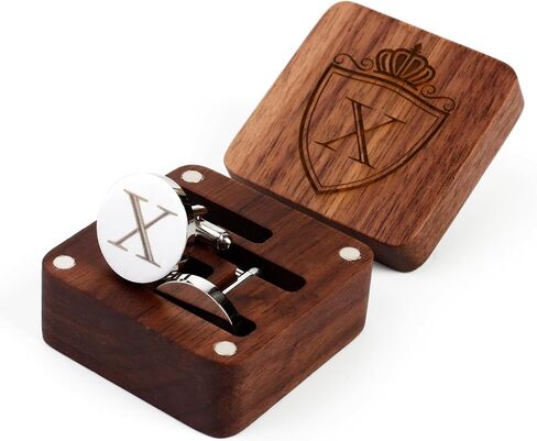 Mens Initial Silver Cufflinks A-Z Alphabet Letter Steel Cuff Links with Engraved Walnut Wood Box Groom Groomsman Wedding Set… in Kuwait