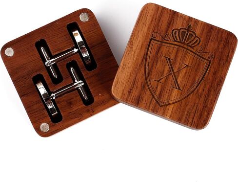 Mens Initial Silver Cufflinks A-Z Alphabet Letter Steel Cuff Links with Engraved Walnut Wood Box Groom Groomsman Wedding Set… in Kuwait