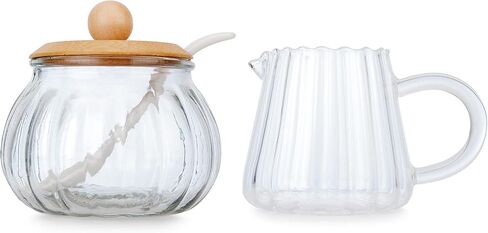3 Piece Glass Sugar And Creamer Set, Kitchenexus Sugar Bowl With Lid And Spoon And Cream Pitcher，Milk Jug Cup 7oz And Sugar Jar 8oz For Coffee Serving Gift in Saudi Arabia