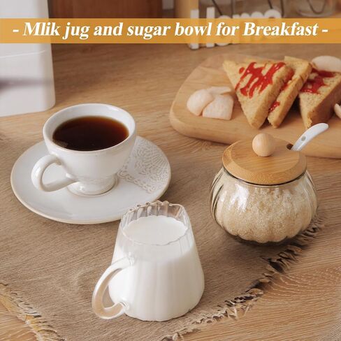 3 Piece Glass Sugar And Creamer Set, Kitchenexus Sugar Bowl With Lid And Spoon And Cream Pitcher，Milk Jug Cup 7oz And Sugar Jar 8oz For Coffee Serving Gift in Saudi Arabia