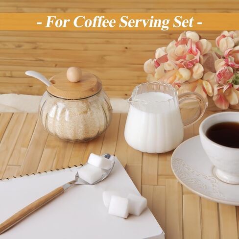 3 Piece Glass Sugar And Creamer Set, Kitchenexus Sugar Bowl With Lid And Spoon And Cream Pitcher，Milk Jug Cup 7oz And Sugar Jar 8oz For Coffee Serving Gift in Saudi Arabia