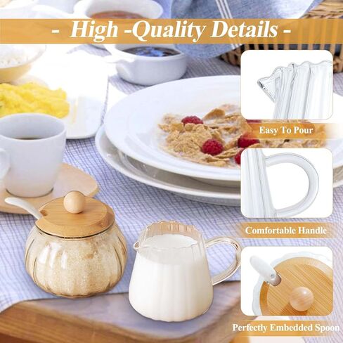 3 Piece Glass Sugar And Creamer Set, Kitchenexus Sugar Bowl With Lid And Spoon And Cream Pitcher，Milk Jug Cup 7oz And Sugar Jar 8oz For Coffee Serving Gift in Saudi Arabia