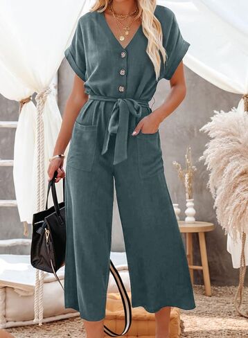 Acelitt Womens Short Sleeve V Neck Button Belted Wide Leg Jumpsuits with Pockets, S-XXL in Kuwait