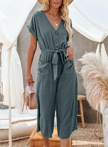 Acelitt Womens Short Sleeve V Neck Button Belted Wide Leg Jumpsuits with Pockets, S-XXL in Kuwait