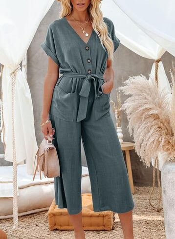 Acelitt Womens Short Sleeve V Neck Button Belted Wide Leg Jumpsuits with Pockets, S-XXL in Kuwait