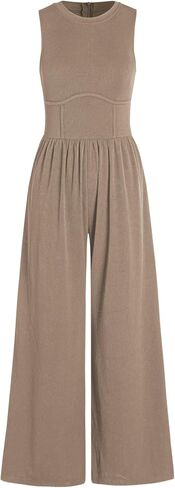 Jumpsuit for Women Sleeveless Wide Leg Overalls Casual Solid Crew Neck One Piece Outfits with Pockets 2024 Summer in Kuwait