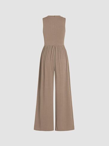 Jumpsuit for Women Sleeveless Wide Leg Overalls Casual Solid Crew Neck One Piece Outfits with Pockets 2024 Summer in Kuwait