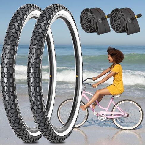 2 Pack 24"x2.125" Inch Cruiser Bike Tire White/Black Wall Pair Replacement Bicycle Tires with Levers and with or Without Inner Tubes in Kuwait