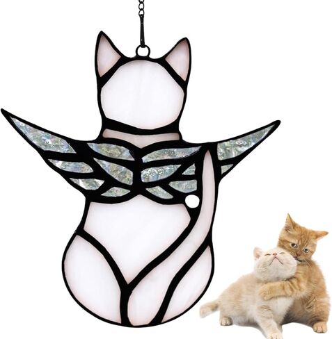 تمثال تذكاري لملاك القطط، زخارف معلقة لنافذة من الزجاج الملون، هدية تعاطف مع فقدان القطط، زينة هدايا تعاطف تذكارية للحيوانات الأليفة، زينة معلقة مصغرة (برتقالي) in Kuwait