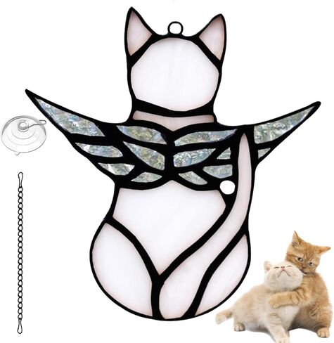 تمثال تذكاري لملاك القطط، زخارف معلقة لنافذة من الزجاج الملون، هدية تعاطف مع فقدان القطط، زينة هدايا تعاطف تذكارية للحيوانات الأليفة، زينة معلقة مصغرة (برتقالي) in Kuwait