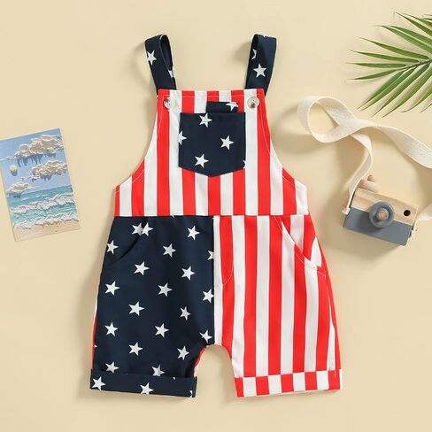 Toddler Baby Boy Girl 4th of July Outfit Overalls American Flag Jumpsuit Shorts Kids Summer Clothes in Saudi Arabia