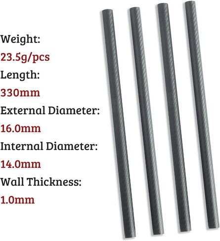 4pcs 16mm Carbon Fiber Tube 16mmx14mmx330mm,6/8/10/12/14mm Available, 3K roll Wrapped Twill Matte Finish in Saudi Arabia