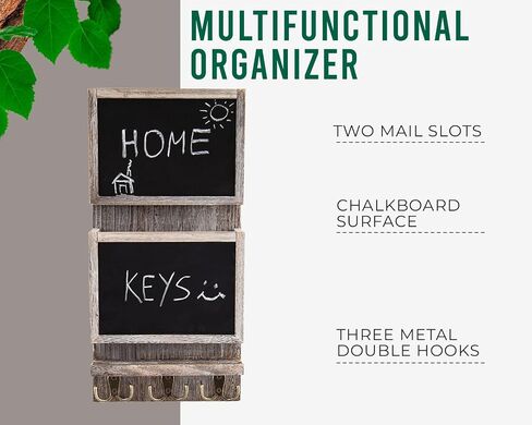 Rustic 2-Slot Mail Sorter Organizer for Wall with Chalkboard Surface & 3 Double Key Hooks - Wooden Wall Mount Mail Holder Organizer – Wall Décor for Entryway Made of Paulownia Wood - Torched Brown in Saudi Arabia