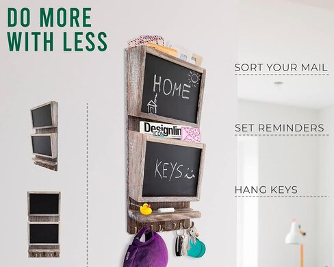 Rustic 2-Slot Mail Sorter Organizer for Wall with Chalkboard Surface & 3 Double Key Hooks - Wooden Wall Mount Mail Holder Organizer – Wall Décor for Entryway Made of Paulownia Wood - Torched Brown in Saudi Arabia