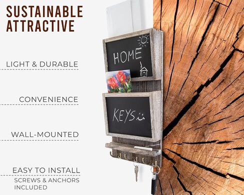 Rustic 2-Slot Mail Sorter Organizer for Wall with Chalkboard Surface & 3 Double Key Hooks - Wooden Wall Mount Mail Holder Organizer – Wall Décor for Entryway Made of Paulownia Wood - Torched Brown in Saudi Arabia