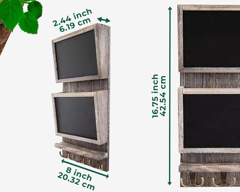 Rustic 2-Slot Mail Sorter Organizer for Wall with Chalkboard Surface & 3 Double Key Hooks - Wooden Wall Mount Mail Holder Organizer – Wall Décor for Entryway Made of Paulownia Wood - Torched Brown in Saudi Arabia