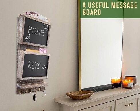 Rustic 2-Slot Mail Sorter Organizer for Wall with Chalkboard Surface & 3 Double Key Hooks - Wooden Wall Mount Mail Holder Organizer – Wall Décor for Entryway Made of Paulownia Wood - Torched Brown in Saudi Arabia