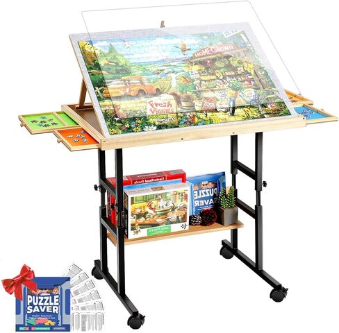 1500 Piece Jigsaw Puzzle Table with Legs for Adults, 5-Tilting-Angle & Height Adjustable Puzzle Table with Draws, Wooden Puzzle Board with Extended Support Bar & 4 Wheels in Saudi Arabia