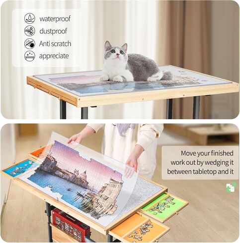 1500 Piece Jigsaw Puzzle Table with Legs for Adults, 5-Tilting-Angle & Height Adjustable Puzzle Table with Draws, Wooden Puzzle Board with Extended Support Bar & 4 Wheels in Saudi Arabia