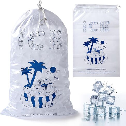 Ice Bags 8 lb with Drawstring, 50 Pack Reusable Ice Cube Bags, 11 x 19 Inch Heavy-Duty Ice Bags for Ice Machines, Ice Storage Bags with Plastic Drawstring for Freezer Keeper(2 Mils Thickness) in Saudi Arabia