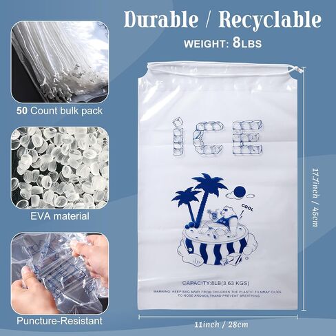 Ice Bags 8 lb with Drawstring, 50 Pack Reusable Ice Cube Bags, 11 x 19 Inch Heavy-Duty Ice Bags for Ice Machines, Ice Storage Bags with Plastic Drawstring for Freezer Keeper(2 Mils Thickness) in Saudi Arabia