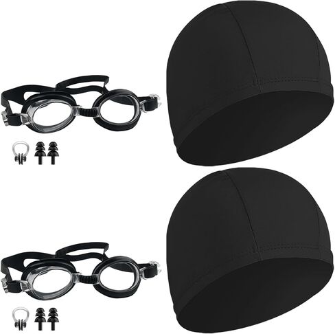 2 Pack Black Swimming Cap Swimming Goggles for Both Adults & Kids Fabric Durable Non-Waterproof Cloth Swimming Pool Cap No Leaking Anti Fog UV Protection Goggles, with Nose Clip, Ear Plugs in Kuwait