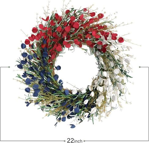 Bibelot 22 بوصة العلم الأمريكي إكليل الزهور الزخارف الوطنية إكليل أحمر أبيض أزرق الاصطناعي الزهور غصين إكليل الرابع من يوليو يوم الاستقلال يوم الذكرى يوم العلم شنقا الديكور in Kuwait