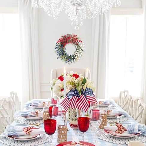 Bibelot 22 بوصة العلم الأمريكي إكليل الزهور الزخارف الوطنية إكليل أحمر أبيض أزرق الاصطناعي الزهور غصين إكليل الرابع من يوليو يوم الاستقلال يوم الذكرى يوم العلم شنقا الديكور in Kuwait