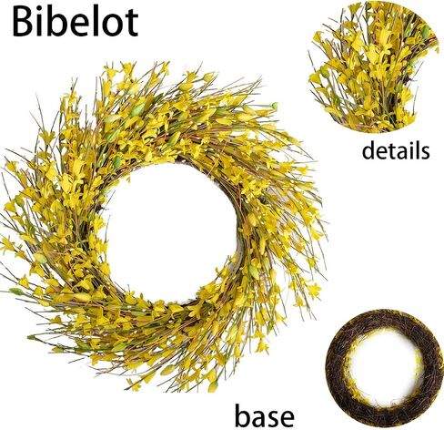 Bibelot 18 بوصة إكليل زهرة فورسيثيا الاصطناعي، إكليل على مدار العام للباب الأمامي، نافذة الزفاف جدار المنزل ديكور الباب الأمامي الداخلي (أصفر، 18 بوصة) in Kuwait