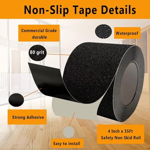 Heavy Duty Anti Slip Tape, 4 Inch x 35Ft Black Grip Tape for Stairs Outdoor Waterproof Non Skid Safety Walk Abrasive Adhesive Tape for Outdoor Indoor Stairs Steps Ramps Treads Floors Boats Skateboard in Saudi Arabia