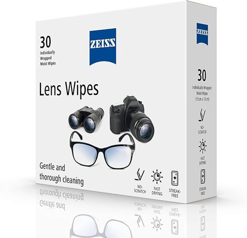 مناديل تنظيف عدسات ZEISS، مناديل مبللة مسبقًا، مغلفة بشكل فردي للزجاج المطلي على المناظير والنظارات والنظارات الشمسية وعدسات الكاميرا والمناظير، 30 قطعة in Kuwait