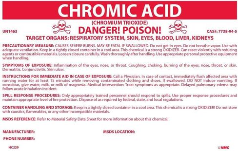 NMC National Marker HC229P Container Labels, Chromic Acid, 6 1/2 inches X 10 inches, PS Vinyl in Saudi Arabia