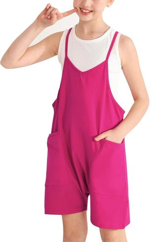 Weixinbuy Girls' Jumpsuits & Rompers Summer Clothes Sleeveless Spaghetti Strap Loose Kids Shorts Overalls with Big Pockets in Kuwait