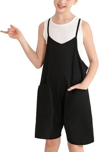 Weixinbuy Girls' Jumpsuits & Rompers Summer Clothes Sleeveless Spaghetti Strap Loose Kids Shorts Overalls with Big Pockets in Saudi Arabia