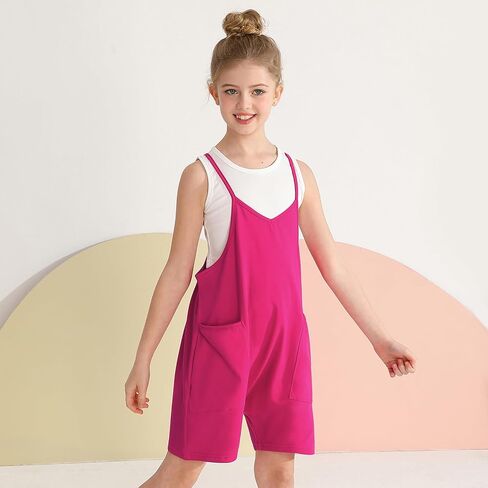 Weixinbuy Girls' Jumpsuits & Rompers Summer Clothes Sleeveless Spaghetti Strap Loose Kids Shorts Overalls with Big Pockets in Kuwait