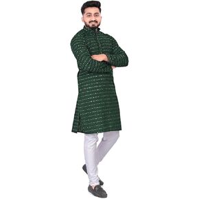 Men's Embroidered Sequined Kurta with White Pyjama Set Indian Traditional Party Wear Outfit-Ethinic Wear in Saudi Arabia