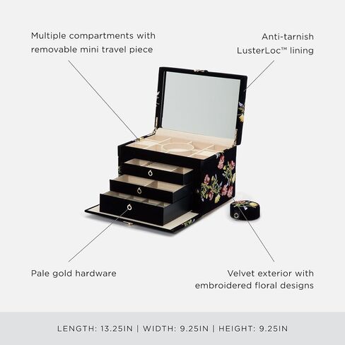WOLF Zoe Medium Jewelry Box, Forest Green - 10 Small Compartments, 4 Medium Compartments, 3 Large Compartments, 4 Bracelet Compartments, 4 Bracelet/Watch Cuffs & Removable Travel Case in Saudi Arabia