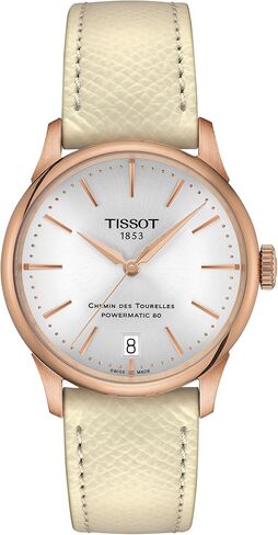 Tissot Womens Chemin des Tourelles Powermatic 80 34 mm 316L Stainless Steel case with Rose Gold PVD Coating Automatic Watches, Cream, Leather, 18 (T1392073603100) in Saudi Arabia