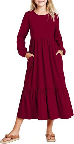 Arshiner Girls Maxi Dresses Lantern Long Sleeve Casual Holiday Dress with Pockets for 5-14 Y in Saudi Arabia