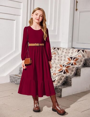 Arshiner Girls Maxi Dresses Lantern Long Sleeve Casual Holiday Dress with Pockets for 5-14 Y in Saudi Arabia