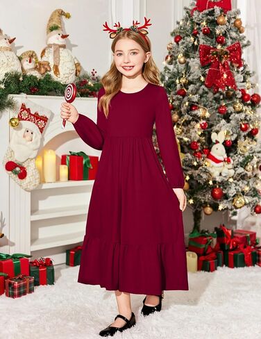 Arshiner Girls Maxi Dresses Lantern Long Sleeve Casual Holiday Dress with Pockets for 5-14 Y in Saudi Arabia