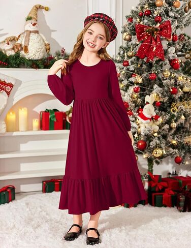 Arshiner Girls Maxi Dresses Lantern Long Sleeve Casual Holiday Dress with Pockets for 5-14 Y in Saudi Arabia