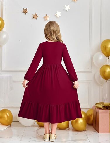 Arshiner Girls Maxi Dresses Lantern Long Sleeve Casual Holiday Dress with Pockets for 5-14 Y in Saudi Arabia