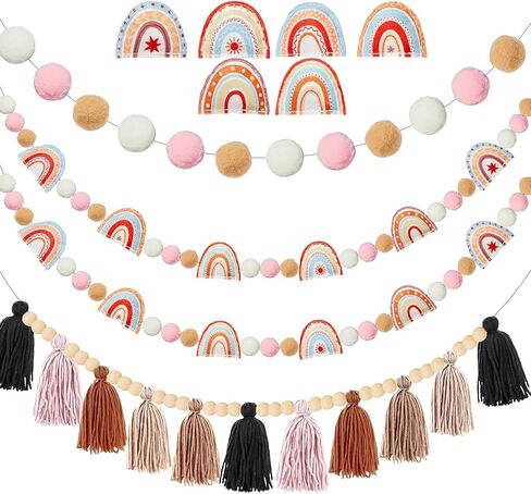 4 Pcs Boho Felt Banner Classroom Tassel Garland Felt Rainbow Decoration Colorful Pom Pom Garland Wall Hanging Decor for Back to School Supplies First Day Of School Nursery Bedroom Birthday Party(Blue) in Saudi Arabia