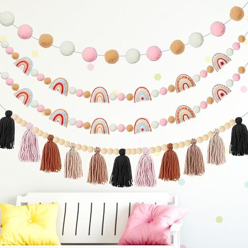 4 Pcs Boho Felt Banner Classroom Tassel Garland Felt Rainbow Decoration Colorful Pom Pom Garland Wall Hanging Decor for Back to School Supplies First Day Of School Nursery Bedroom Birthday Party(Blue) in Saudi Arabia