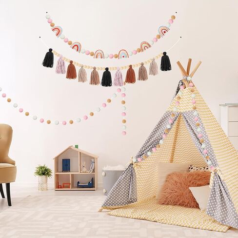 4 Pcs Boho Felt Banner Classroom Tassel Garland Felt Rainbow Decoration Colorful Pom Pom Garland Wall Hanging Decor for Back to School Supplies First Day Of School Nursery Bedroom Birthday Party(Blue) in Saudi Arabia